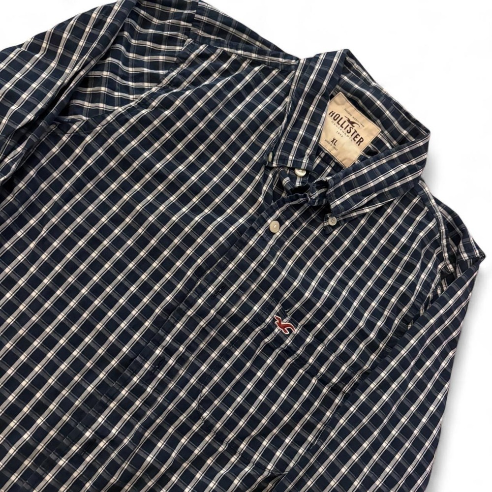 Hollister Mens XL Vintage Y2K Navy Plaid Long Sleeve Button Up Shirt Logo